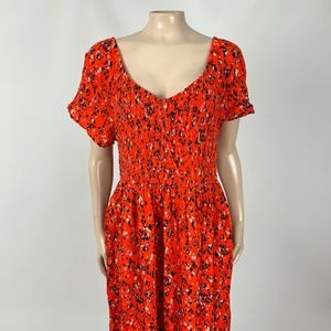 NEW Torrid Midi Dress Smocked Women's 1X Rayon Short Sleeve Orange POCKETS T3-13